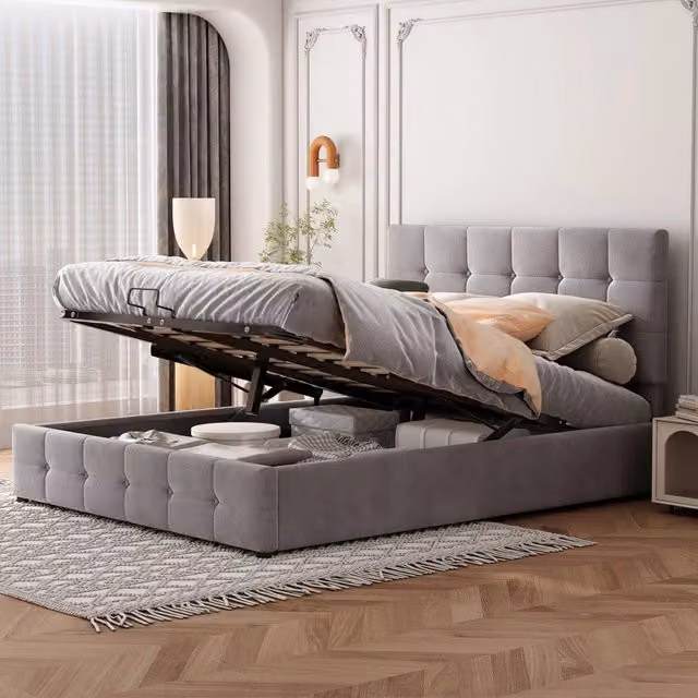 Letto imbottito contenitore ¨C Minimal ¨C Grigio velluto 140x200cm rete a doghe metallica testiera regolabile idraulico