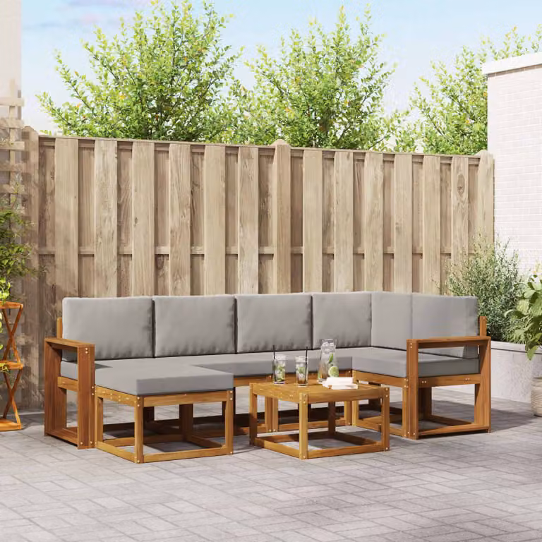 Set di divani da esterno vidaXL 7 pz in legno di acacia con cuscini, composizione a L con divano a 3 posti, tavolino e pouf, colore grigio e marrone