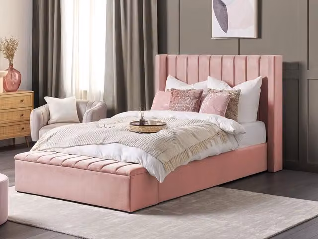 Letto Beliani in velluto rosa con contenitore e rete a doghe L/P/H: 140 x 200 cm – 1
