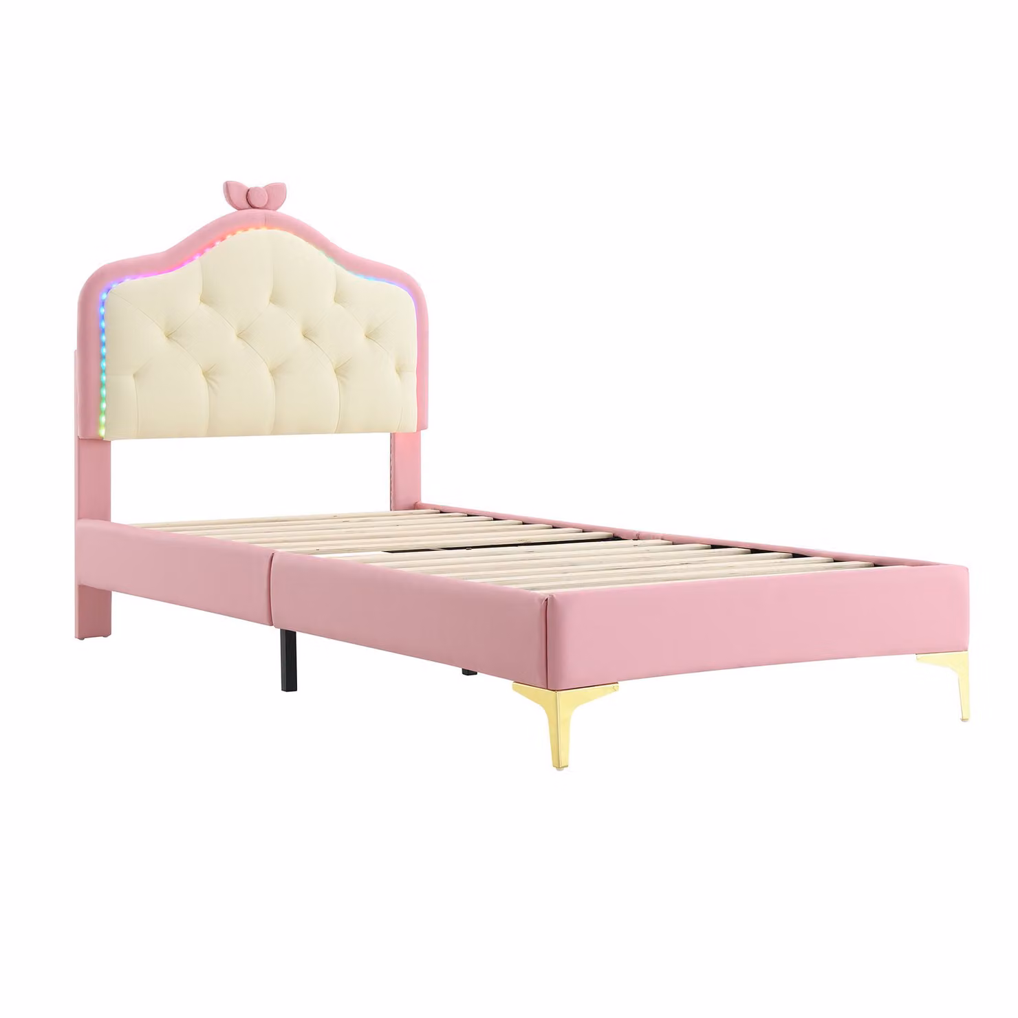 Letto Imbottito Aosom Italy con Testiera con Fiocco e Striscia LED, Rivestimento in PU, Bianco e Rosa, 90x200 cm – 2