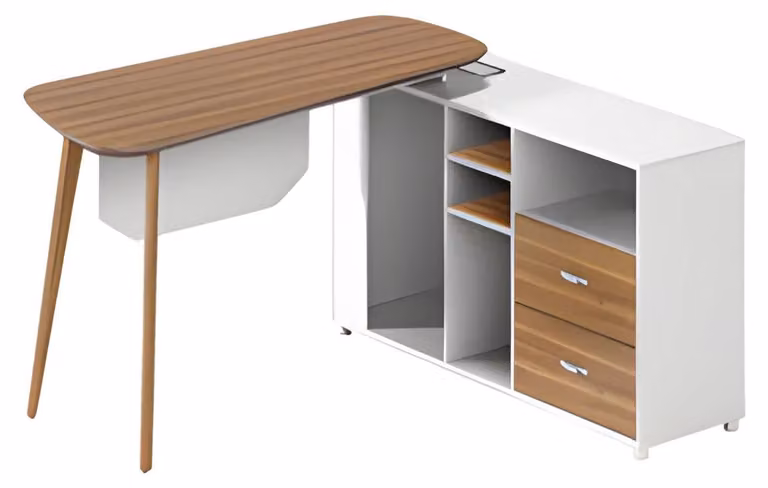 Schreibtisch aus Holz und Weiß mit Stauraum moderne Verarbeitung schlanke Beine