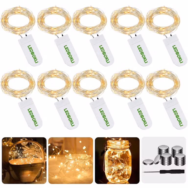 Catena luminosa a LED, lunghezza 1,2 metri, 24 LED, luce bianco caldo, confezione da 10 pezzi, alimentazione a batteria