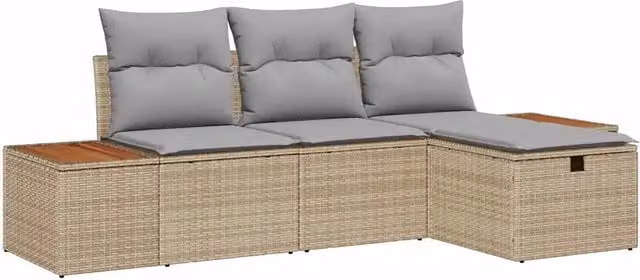 Set Divano da Giardino con cuscino 4 pz | Set Salotto da Giardino Beige Poly Rattan
