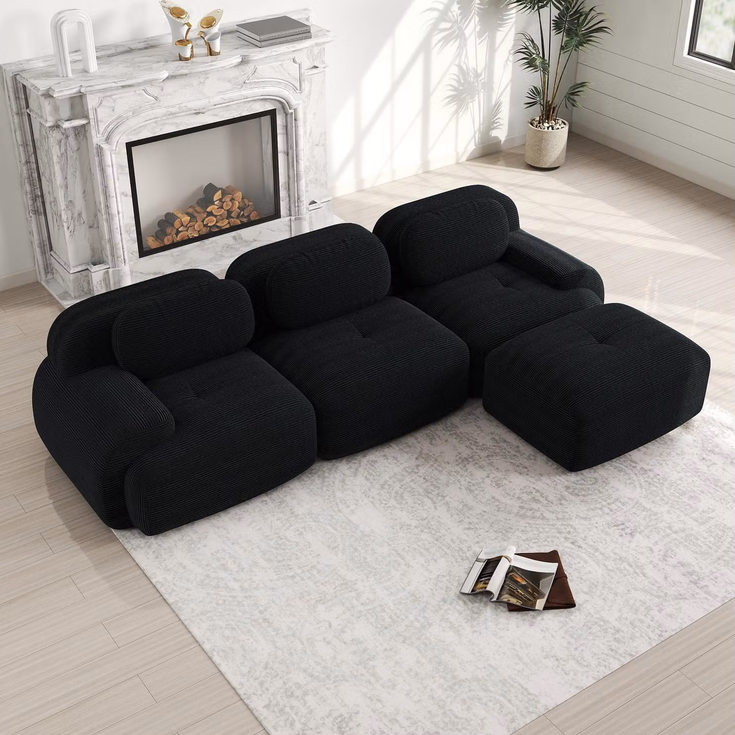 Divano angolare modulare, senza necessità di montaggio, struttura invisibile, imbottitura in Cord e schiuma 32D, braccioli extra-largi, ideale per chi ha animali domestici (nero)