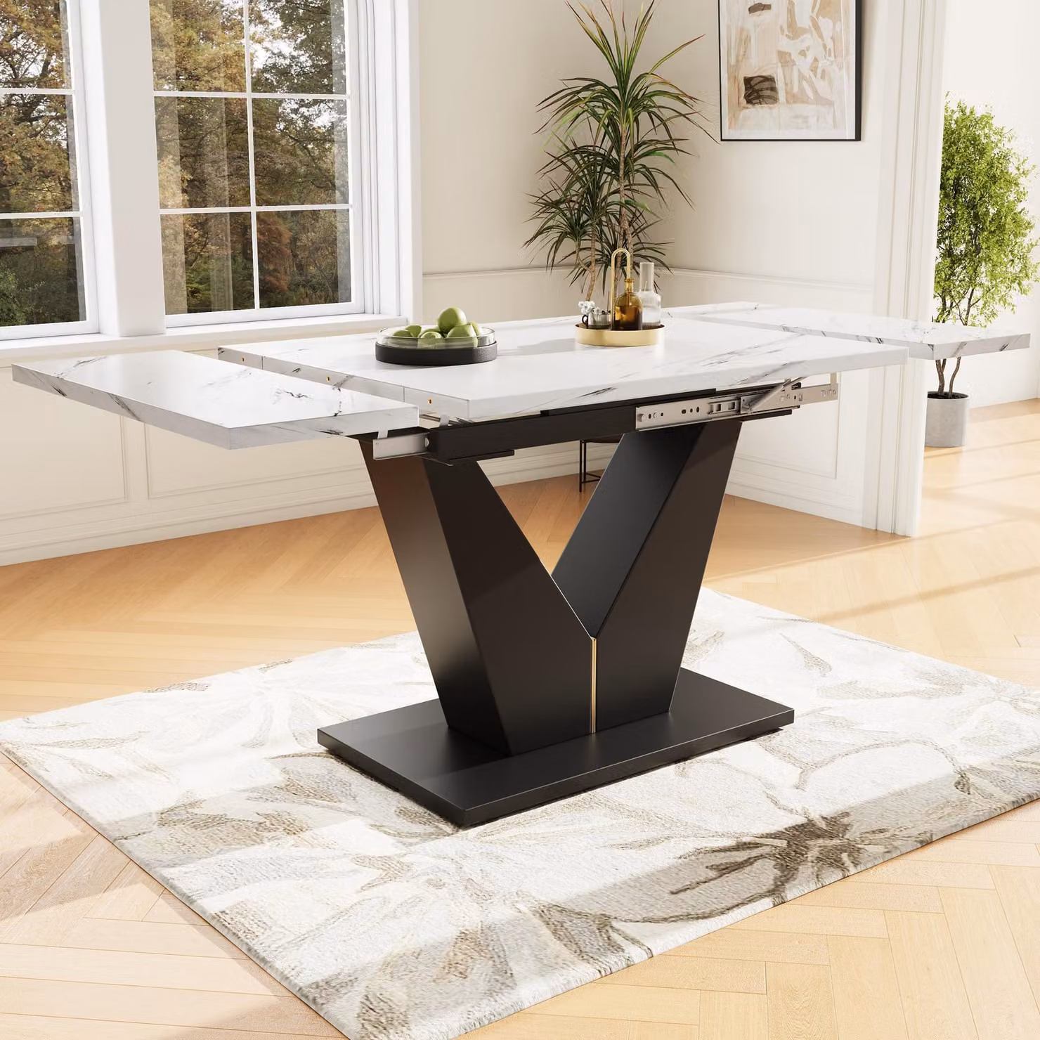 Tavolo da pranzo telescopico Sweiko (99-159×75 cm), Tavolo da pranzo allungabile, Tavolo da pranzo da cucina salvaspazio, Ampia superficie di lavoro, Design flessibile, Adatto per l'ufficio e il soggiorno, Piano del tavolo bianco con forma a V