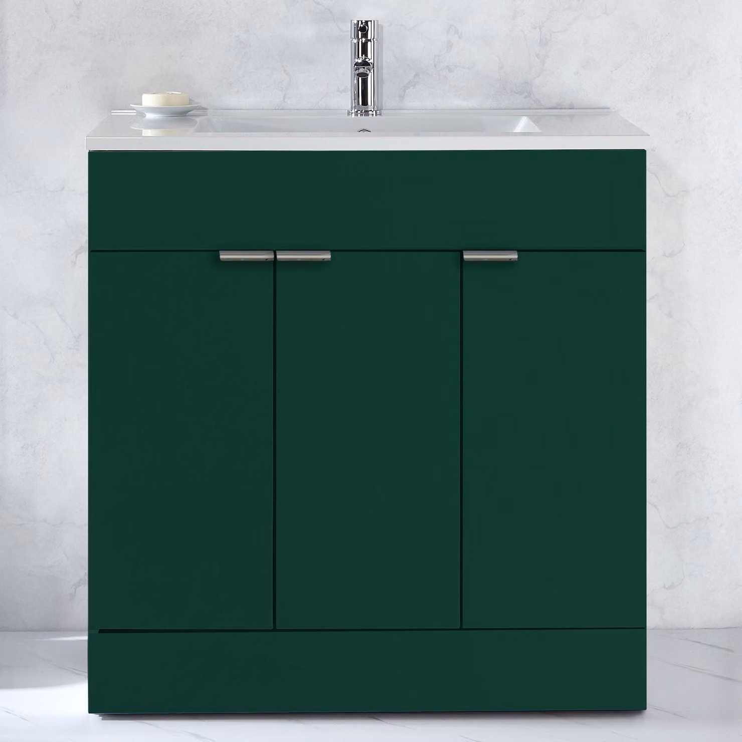 Mobile Bagno a Terra Verde Scuro da 810mm con Lavabo e Maniglie con Impugnatura a Dito Cromate - Cluo
