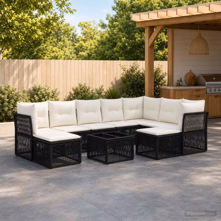 Set Divano da Giardino vidaXL 10 Pezzi a Forma di U in Polyrattan Nero con Cuscini e Tavolino
