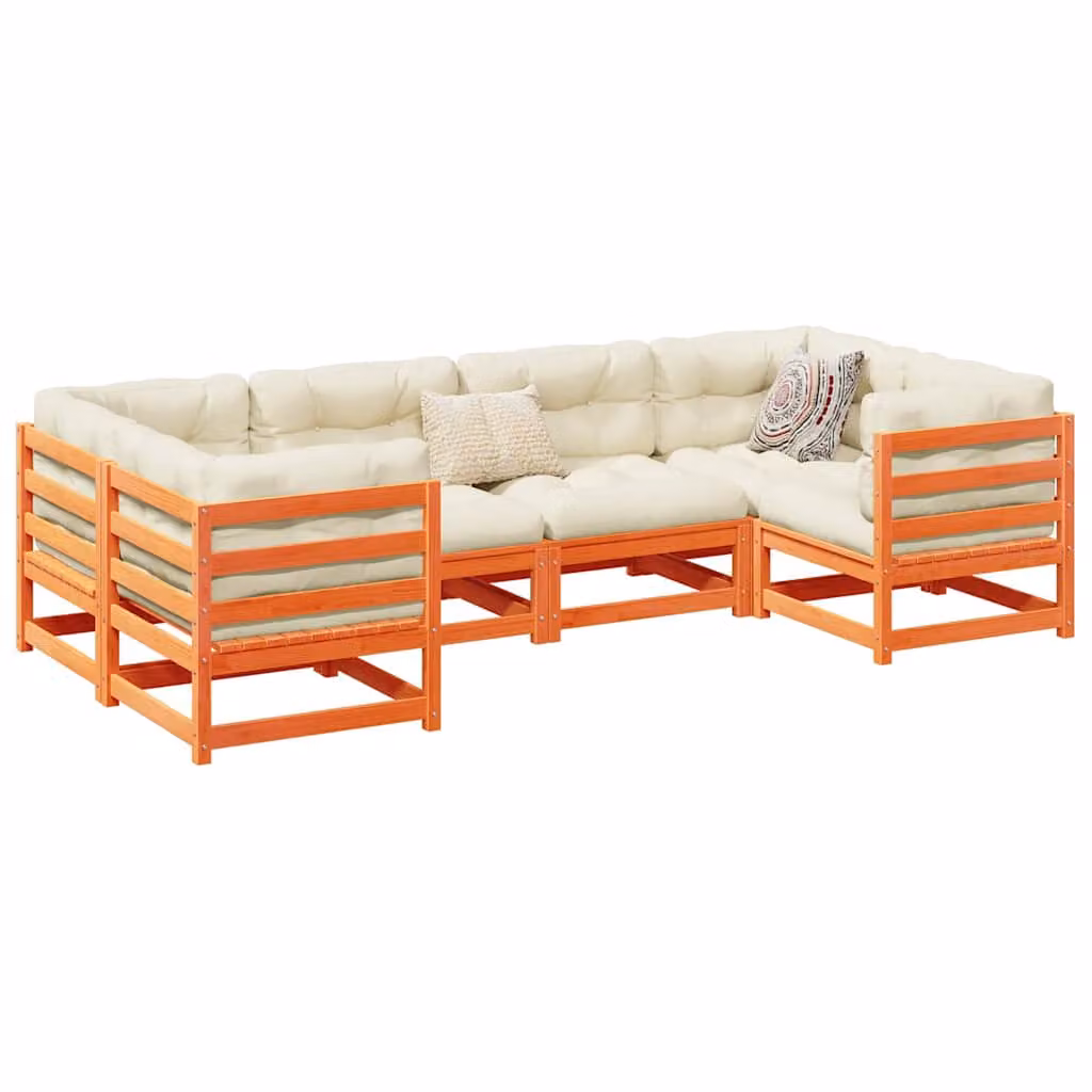 Set di Divani da Giardino vidaXL in Legno di Pino Massello con Cuscini, Marrone e Beige, Composizione a L per 6 Persone