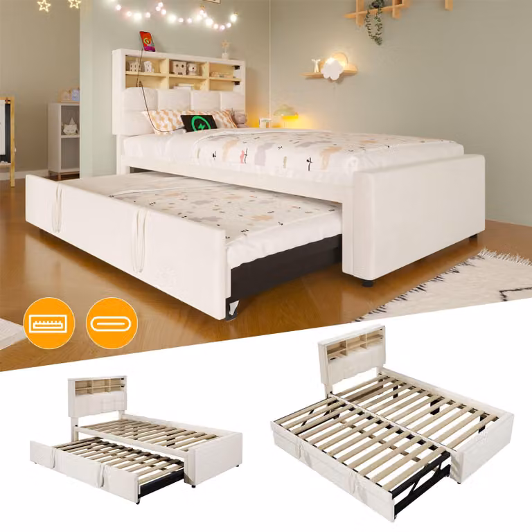 Letto imbottito Merax, modello divano letto, 90 x 200 cm, con letto estraibile fino a 180 x 200 cm, dotato di porte USB-A e USB-C, vano contenitore e rivestimento in velluto. Ideale come letto singolo o divano letto per bambini. Colore: beige
