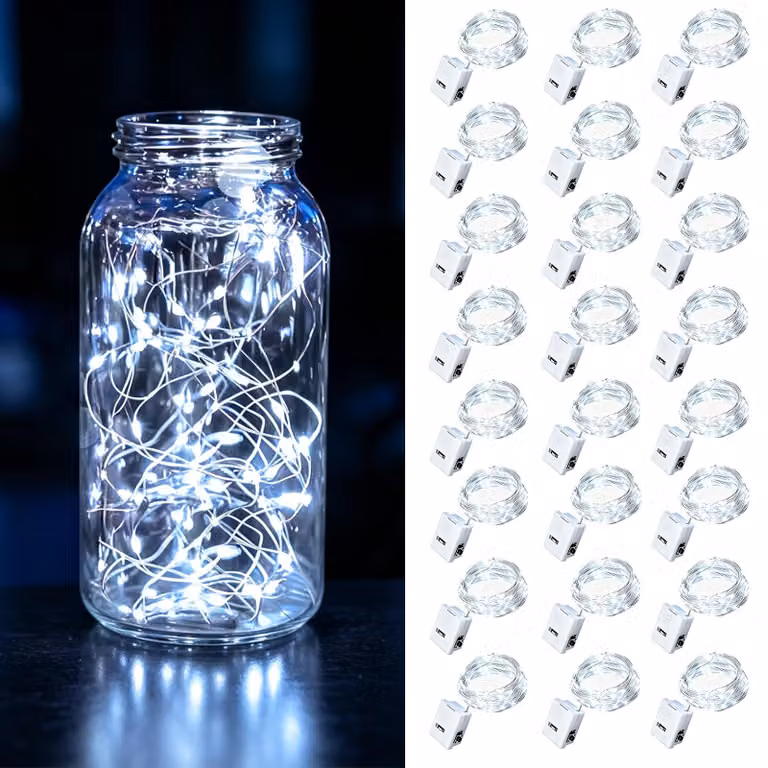 Confezione da 24 luci a LED bianche fredde, alimentate a batteria, lunghezza 2 metri, 20 LED