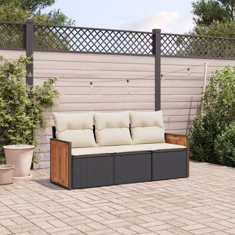 Set di Divani da Giardino vidaXL 3 Pezzi con Cuscini in Polyrattan e Acciaio Nero