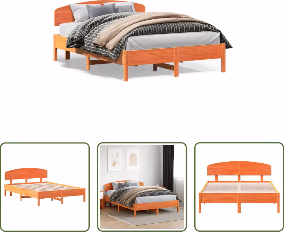 The Living Store Letto in legno massiccio con testiera marrone cera 120x200 cm pino