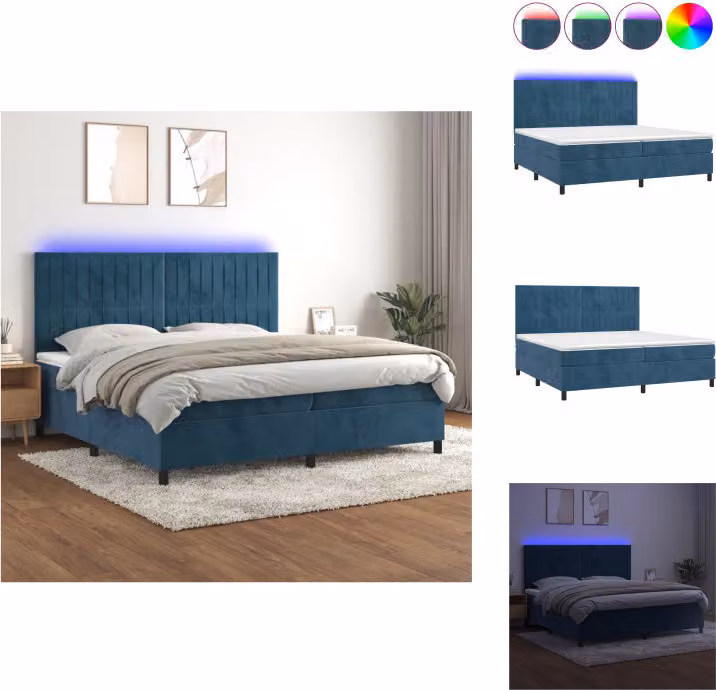 vidaXL Letto a molle con materasso e LED in velluto blu scuro 200x200 cm - Letti & strutture letto
