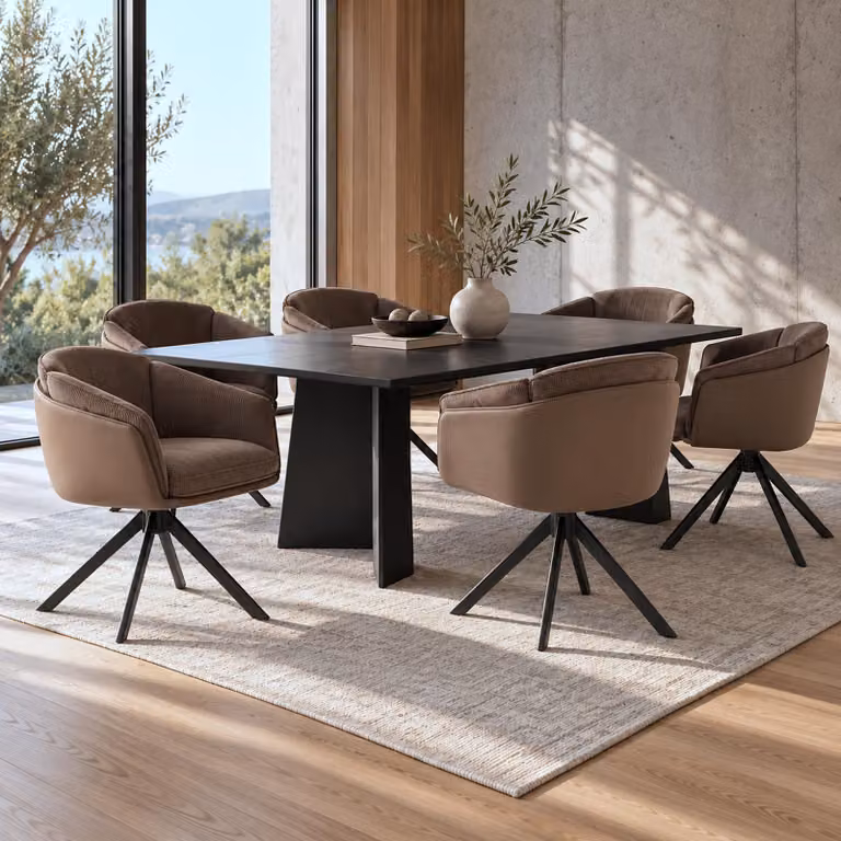 Set di 6 sedie da pranzo modello HWC-R24, sedie da cucina, girevoli, in metallo, con rivestimento in ecopelle o tessuto/tessuto, colore marrone scuro