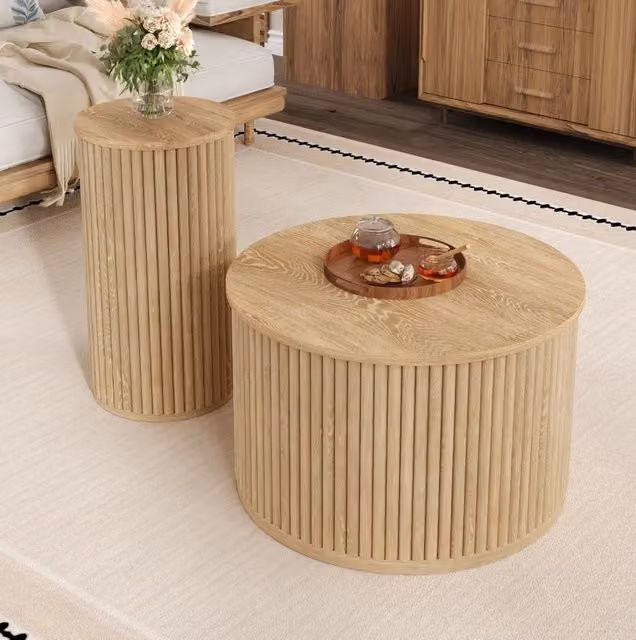 Set 2 tavolini da salotto ULEVR rotondi 60 e 30 cm, in MDF naturale con motivo a scanalature verticali 3D