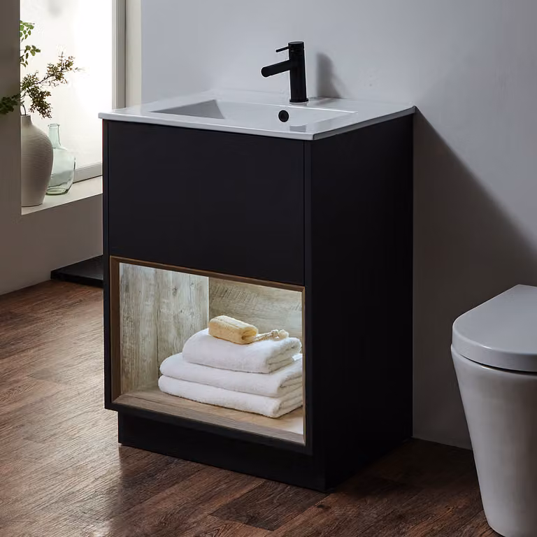 Mobile Bagno con Ripiano Aperto da 610mm in Grigio Nero con Lavabo e Luci LED