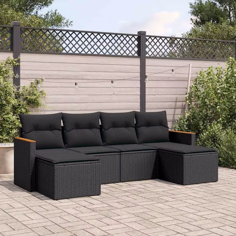Set Divano da Giardino a L vidaXL 6 pz con Cuscini Nero in Polyrattan e Acciaio