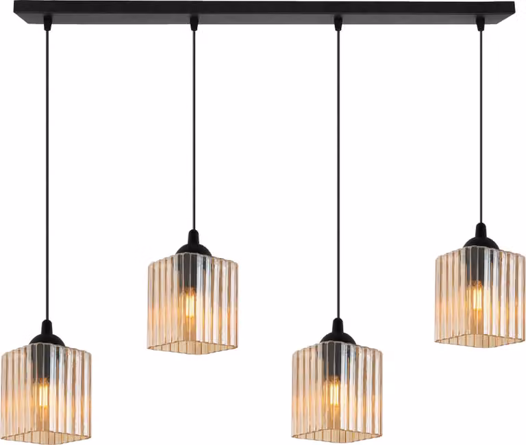 Lampada a sospensione Riffle nera a 4 luci con paralumi cubici color miele E27 – elegante lampada a sospensione per un illuminazione interna moderna