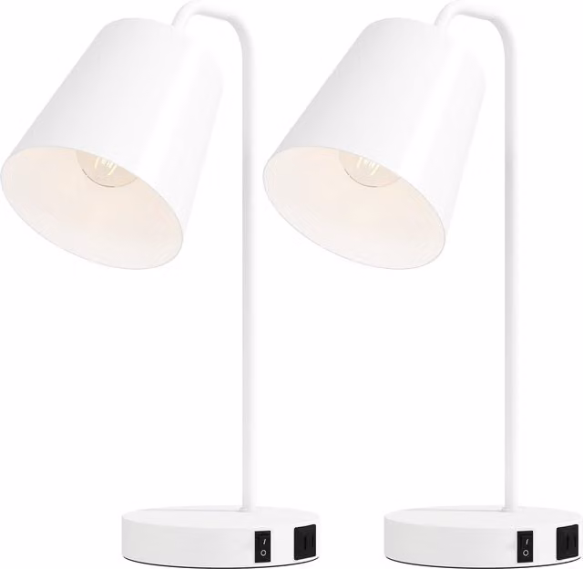 Set di 2 Lampade da Tavolo Moderne HOMCOM in Acciaio con Porte USB, Attacco E27, Bianco