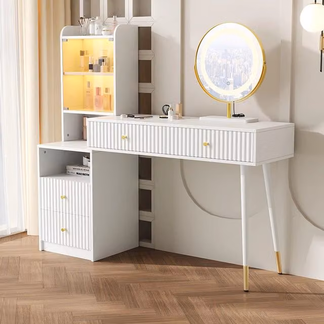 Tavolo trucco con LED-Xylo-100x40x125cm, 4 cassetti, specchio tricolore, bianco