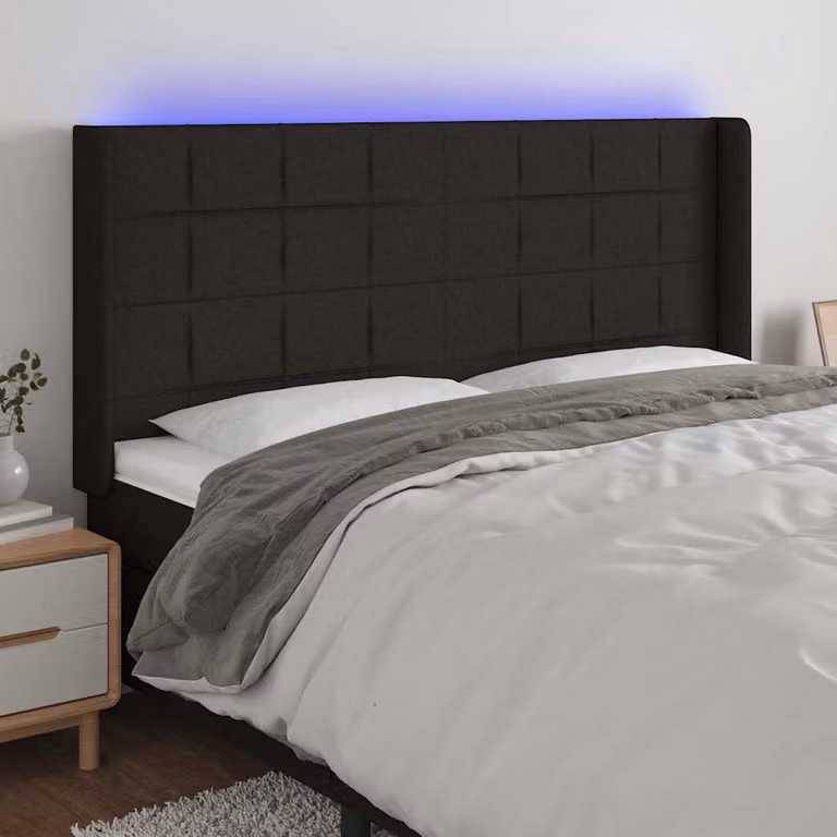 vidaXL Testiera del Letto Moderna in Tessuto Nero con Illuminazione LED e Porte USB L: 163 cm, P: 16 cm, H: 118 cm