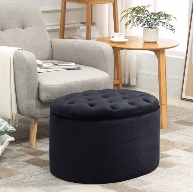 Pouf contenitore ovale MODFU in velluto nero con rivestimento rimovibile L/P/H: 52 x 52 x 42 cm
