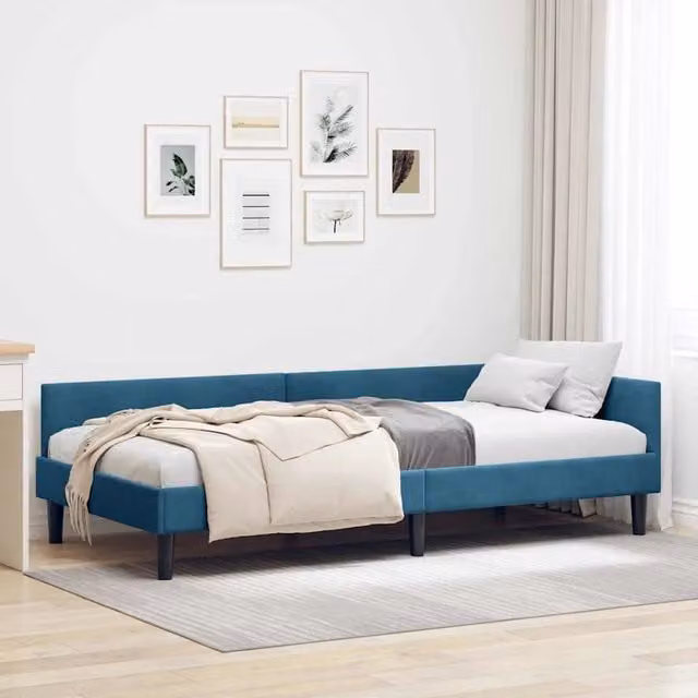 Letto ad angolo moderno vidaXL in velluto blu con struttura in legno e listelli L 190 x P 90 cm