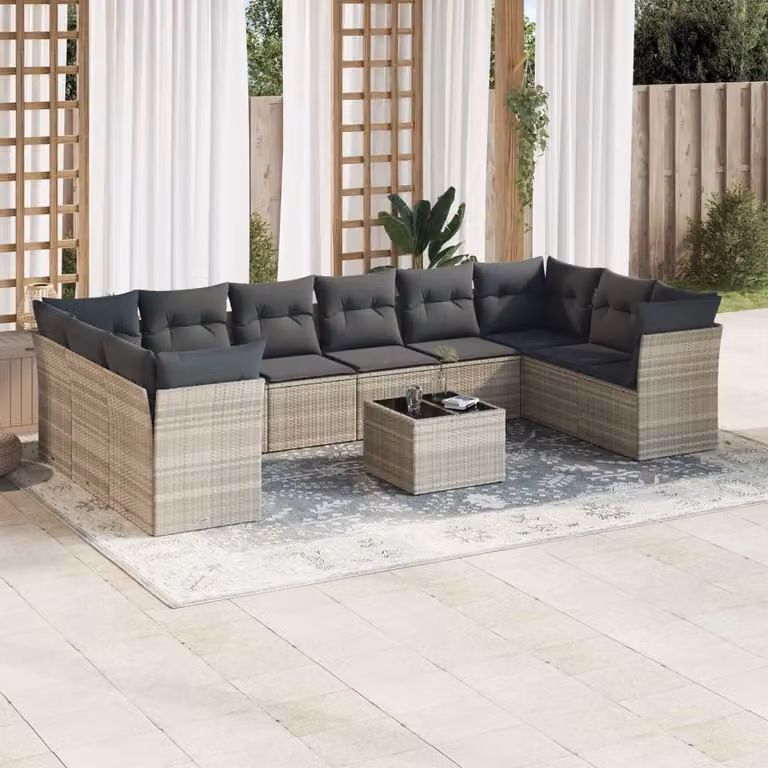 vidaXL Set Divani da Giardino 11 pz in Polyrattan Grigio con Cuscini e Tavolino da Esterno a Forma di U