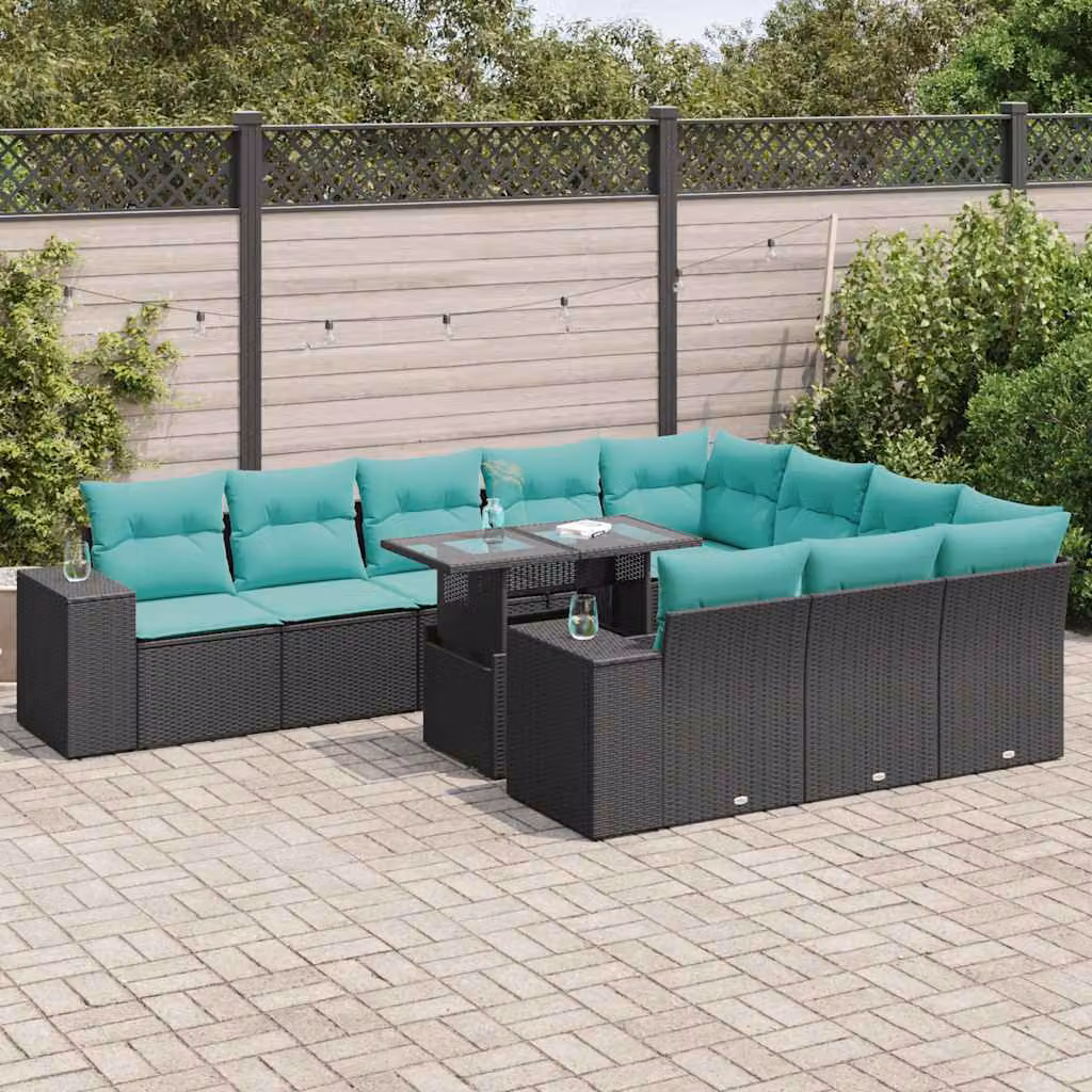 Set Divani da Giardino vidaXL 11 pz in Polyrattan con Cuscini e Tavolino da Esterno, Forma a U, Colore Nero e Blu Turchese