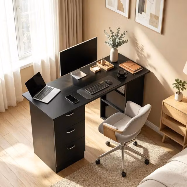 Scrivania per computer WISHDOR moderna in MDF nero con 3 ripiani e 3 cassetti, L: 120 cm, P: 49 cm, H: 72 cm