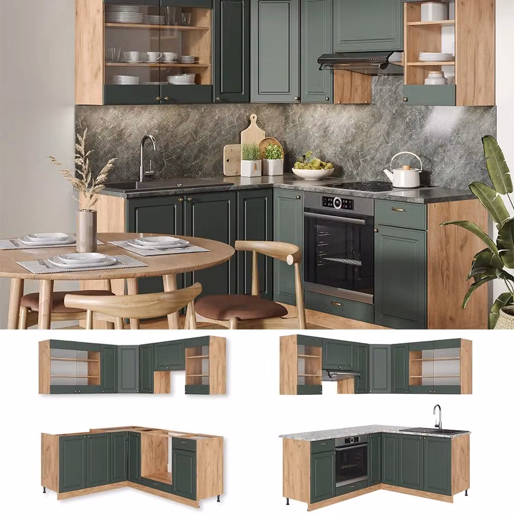 Cucina angolare completa Fame-Line Vicco in Rovere dorato e Verde-oro rustico – 2