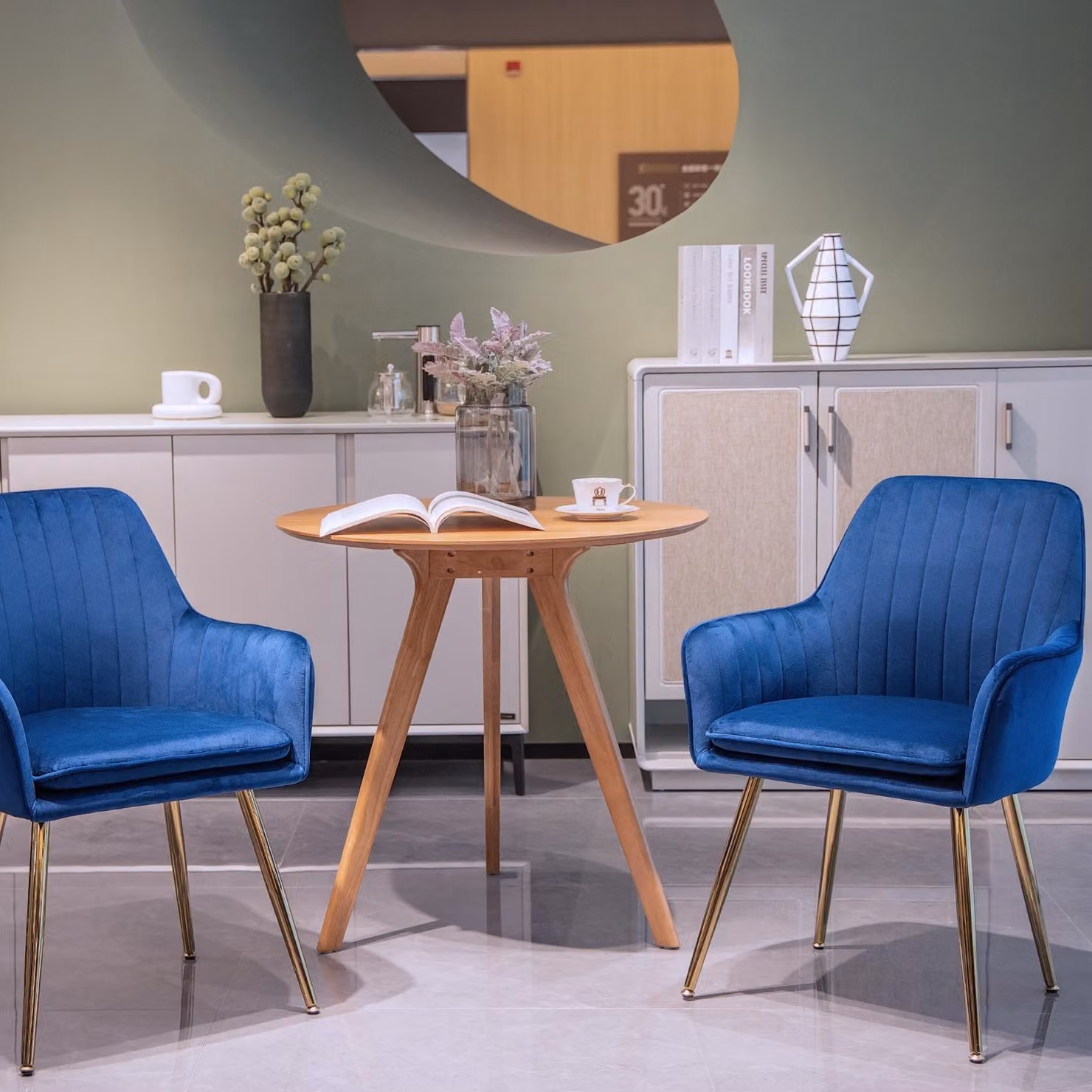 MODFU, set di 2 sedie da pranzo, sedia imbottita con braccioli e gambe in metallo dorato, poltrona imbottita, sedia da pranzo, sedia da ufficio per soggiorno e cucina, colore blu