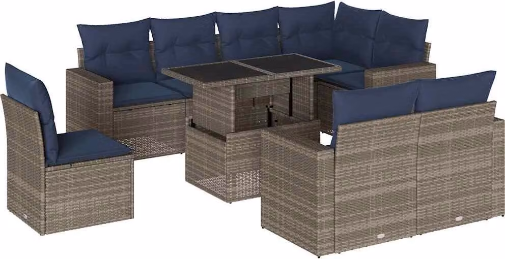 Set Divani da Giardino 9 pz con Cuscini Grigio in Polyrattan