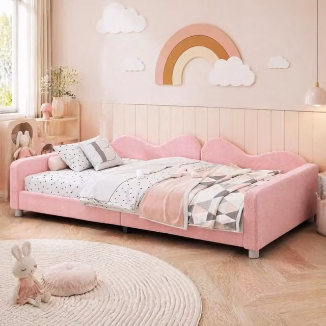 Letto per bambini imbottito WISHDOR rosa, struttura con schienale e braccioli utilizzabile come divano letto, L/P/H: 200 x 90 x 95 cm