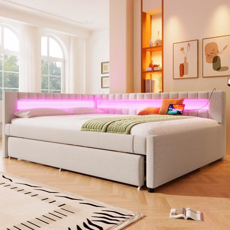 Divano letto STILVORA con rete, letto da giorno allungabile, letto imbottito 140×200 con contenitore, letto per ragazzi con USB + TYPE-C, struttura letto senza materasso