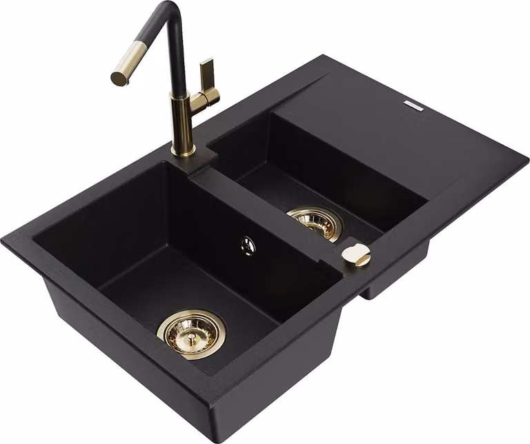 Mexen Gaspar lavello in granito 1,5 vasche con scolapiatti e rubinetto da cucina Flora, nero - 6507-77-670401-57-G