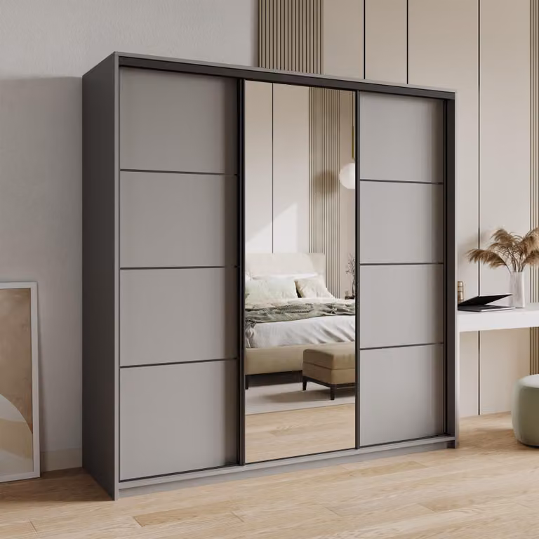 Armadio scorrevole Masseno VARO 180/205/60 cm Armadio con 4 cassetti Armadio per camera da letto a 3 ante con specchio Colore grafite