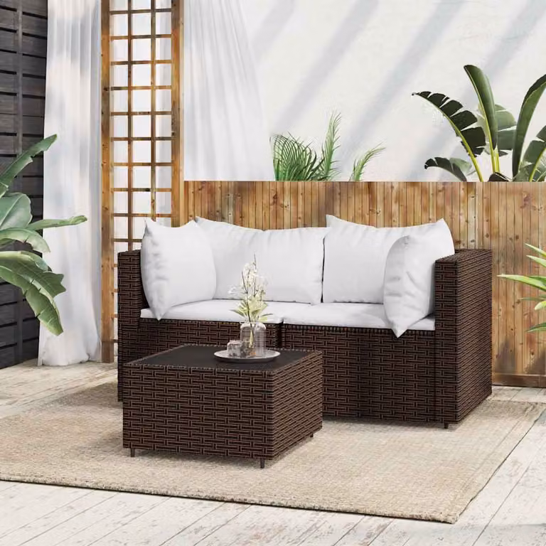 Set Mobili da Giardino vidaXL 3 pz in Polyrattan Marrone e Bianco con Cuscini e Tavolino da Esterno