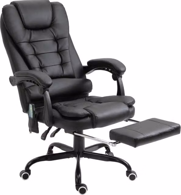 Poltrona da ufficio executive con massaggio, schienale reclinabile e poggiapiedi, colore nero, in ecopelle con base girevole a 360 gradi, H: 121 cm, L: 79 cm, P: 67 cm