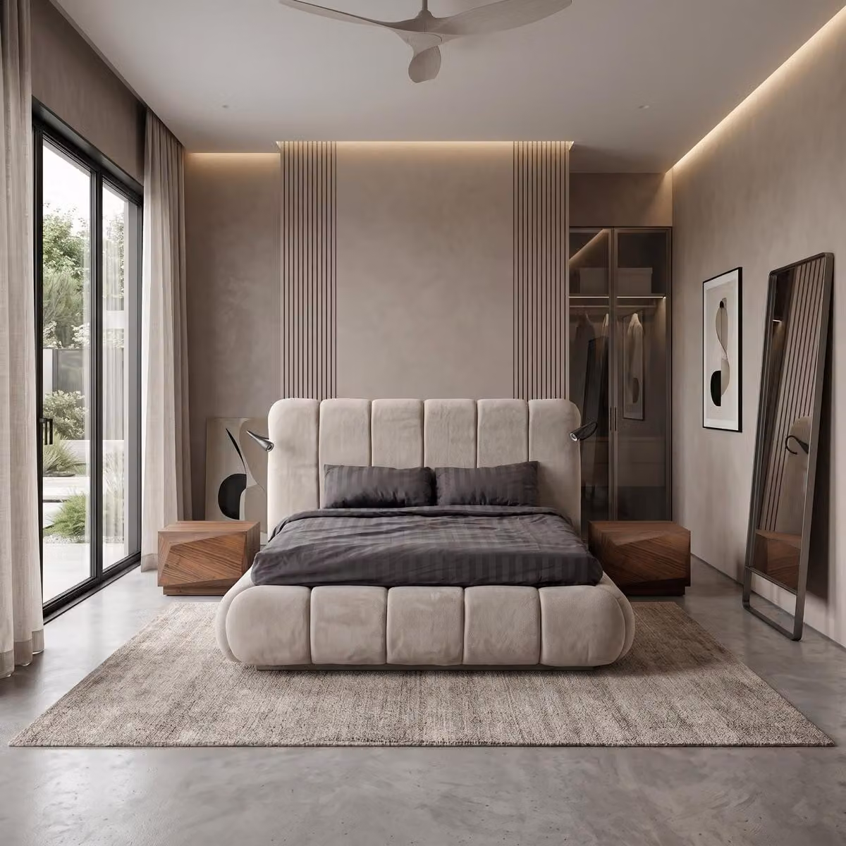 Set per camera da letto moderno, beige, elegante, composto da un letto, due comodini e altri mobili