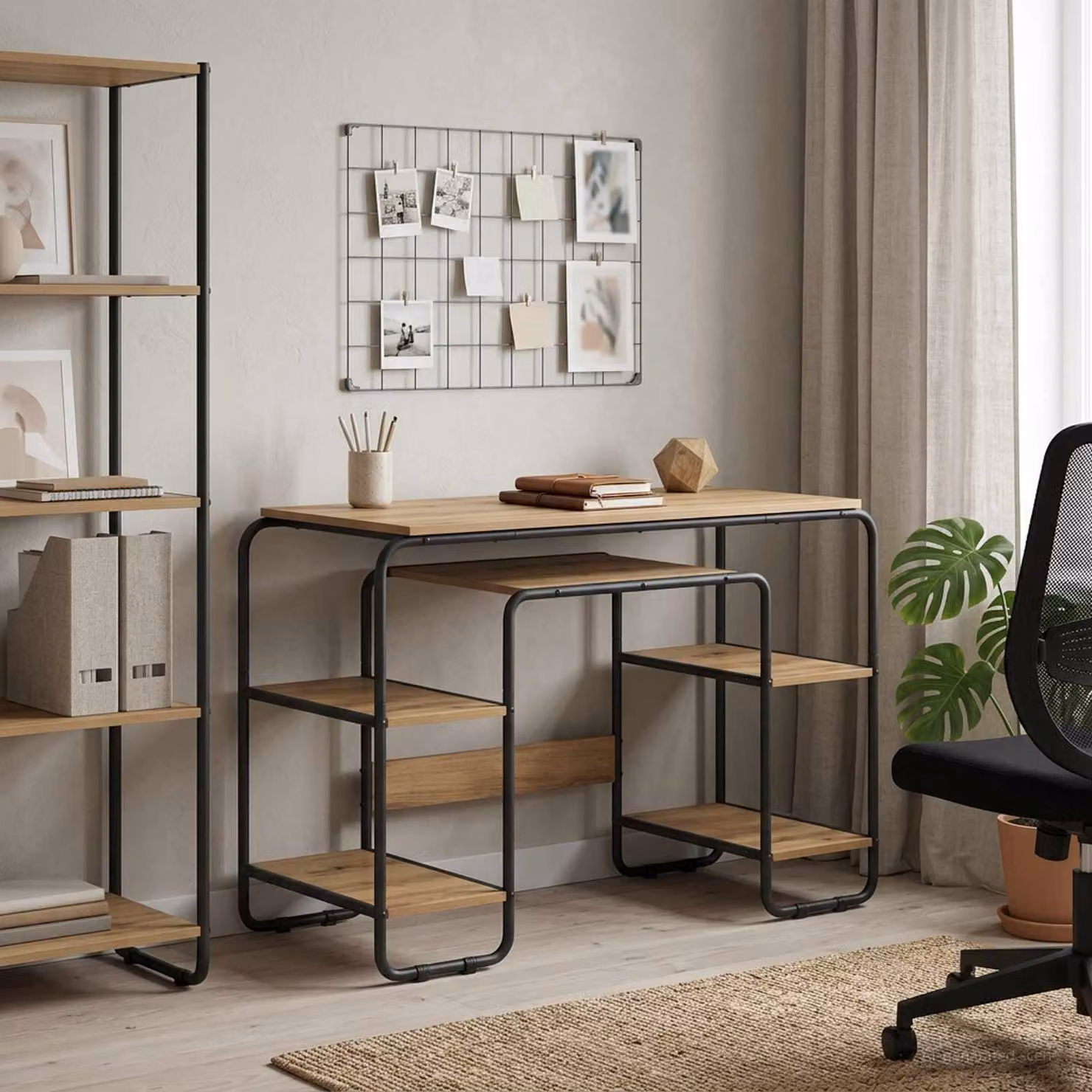 Scrivania vidaXL in stile industriale marrone con piano in legno e struttura in metallo L: 113,5 cm, P: 60 cm, H: 75,5 cm