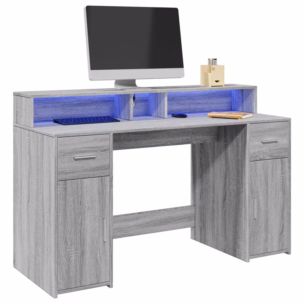 Scrivania da computer moderna vidaXL con luci LED in MDF Grigio L: 140 cm, P: 55 cm, H: 91 cm