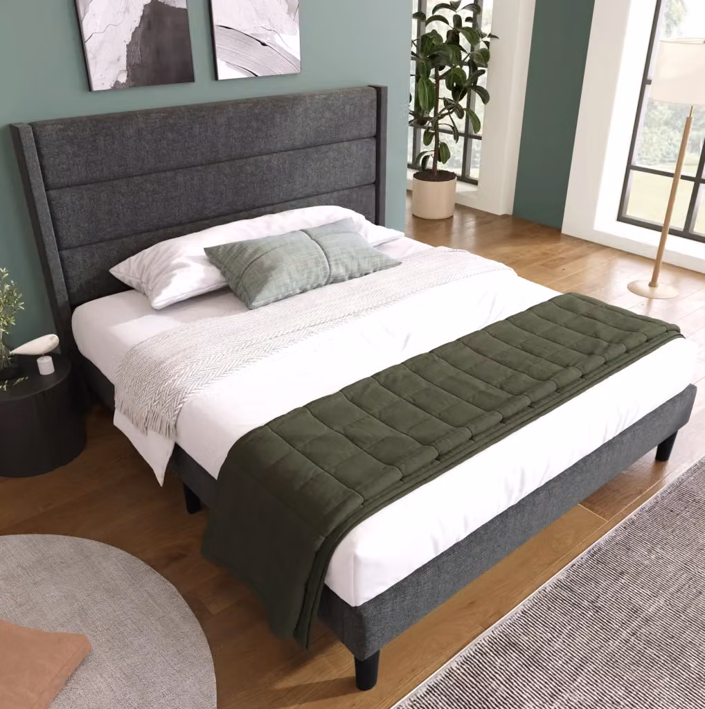 Letto matrimoniale moderno imbottito grigio con rete a doghe in legno L/P/H: 140 x 200 x 111 cm – 2