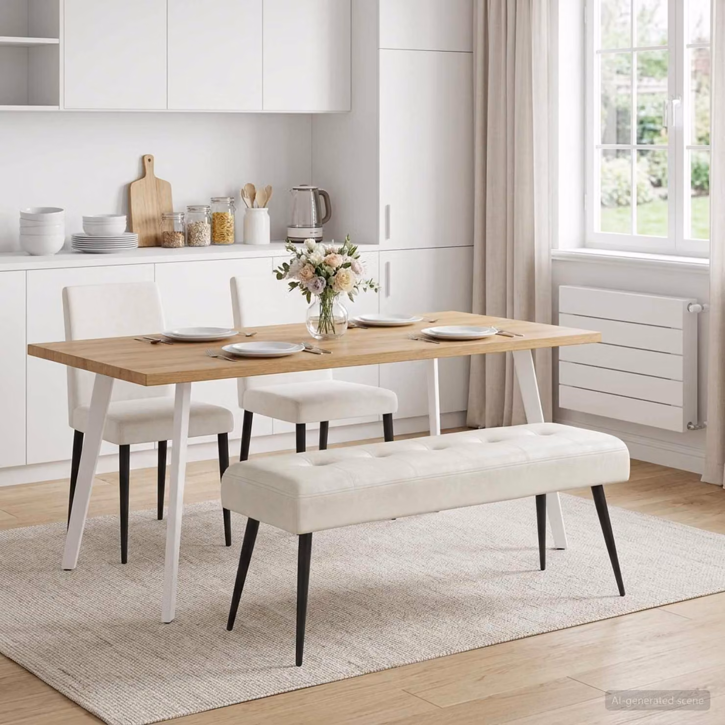 Panchina moderna vidaXL in velluto con bottoni imbottiti, colore beige, L 110 x P 40 x H 46 cm
