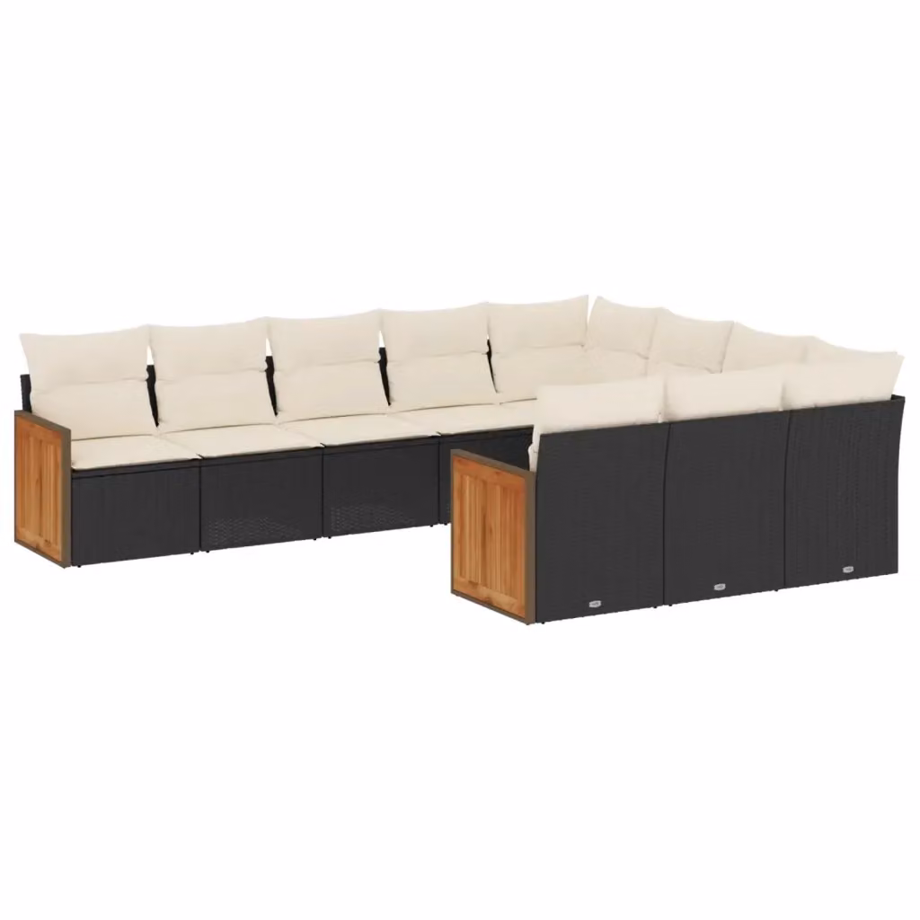 Set di Divani da Giardino vidaXL 10 Pezzi con Cuscini in Polyrattan e Struttura in Acciaio e Legno di Acacia Nero e Bianco – 2