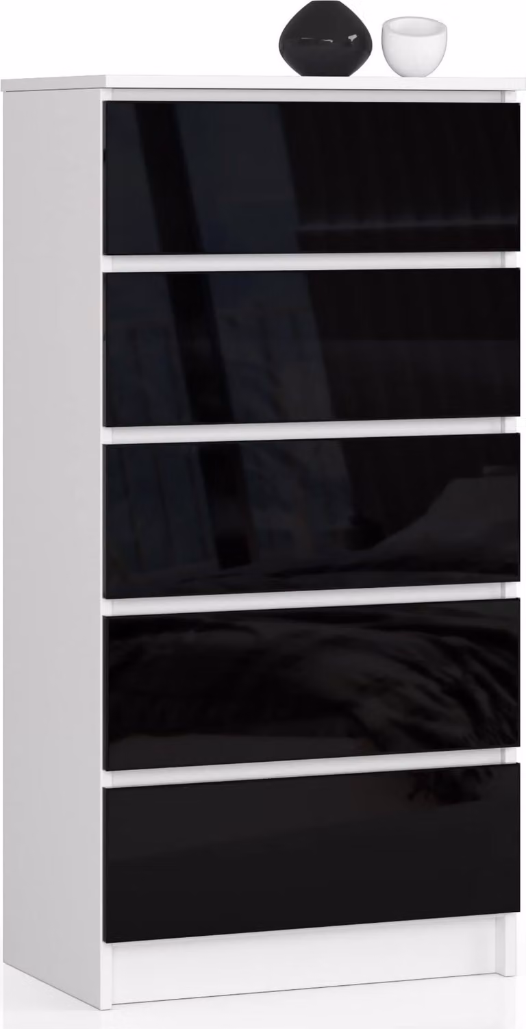 BDW Cassettiera lucida, 5 cassetti, camera da letto, 60x121, bianco-nero