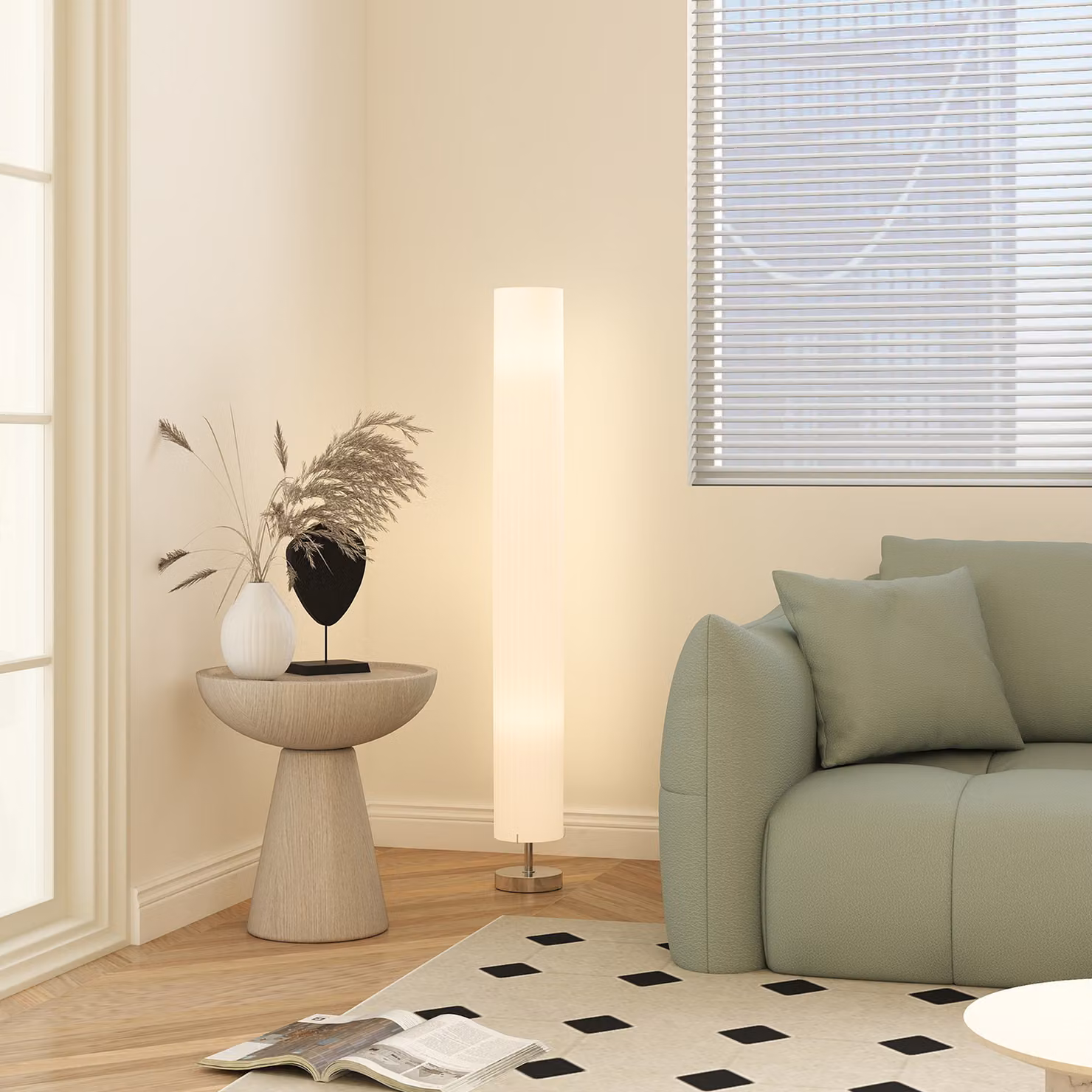 Lampada da terra HOMCOM bianca con paralume in tessuto cilindrico per soggiorno e camera da letto, 2 x E27, H 120 cm, L 14 cm, P 14 cm – 2