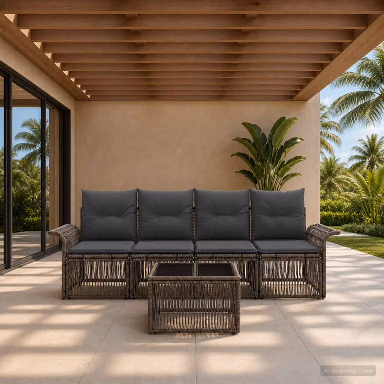 Set Divano da Giardino vidaXL 5 Pezzi Grigio con Cuscini e Tavolino in Polyrattan e Acciaio