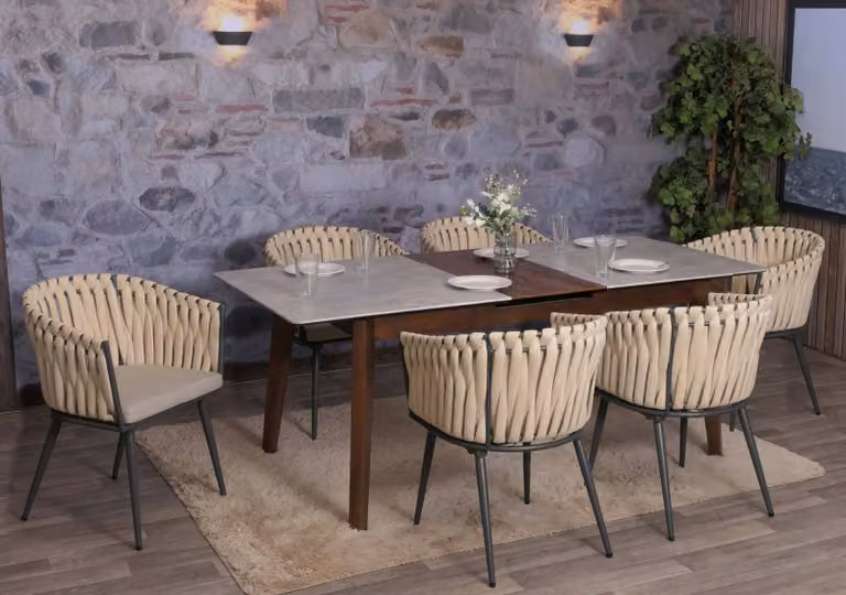 Set di 6 sedie da pranzo in alluminio, modello MCW-N38, per uso interno, con braccioli, rivestite in corda di olefin color crema, cuscini color beige chiaro