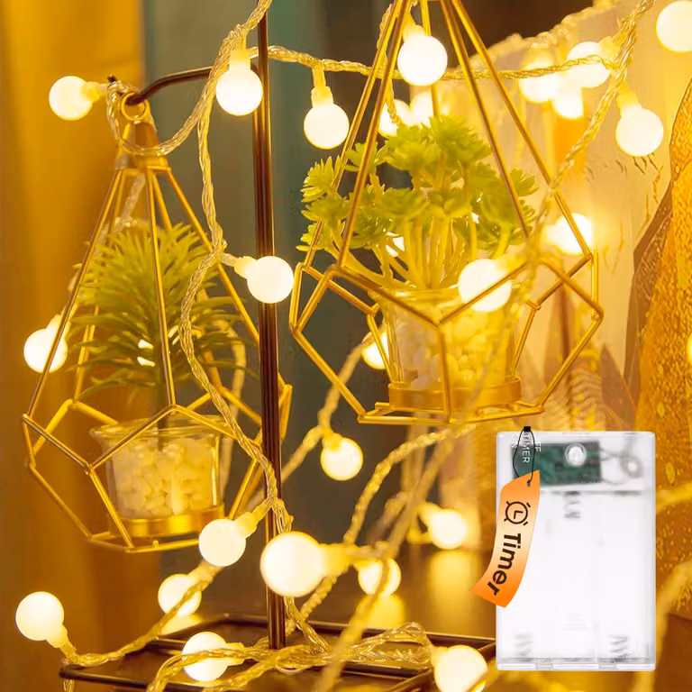 Catena luminosa con 30 LED, luce bianco caldo, lunghezza 3 metri, con timer, alimentazione a batteria, grado di protezione IP44